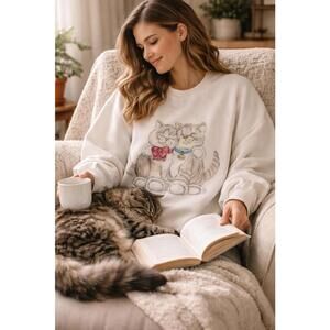 Vintage Hand Painted Cozy White Sweatshirt with Cute Cat Illustration